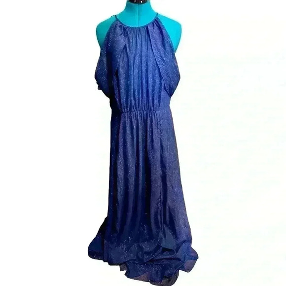 H Halston Navy Blue  Metallic Thread Long Evening Gown Dress Size 14 - Picture 1 of 9